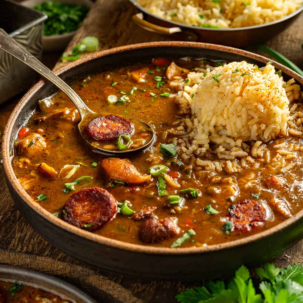 image of chicken gumbo with rice fully prepared and served in a bowl