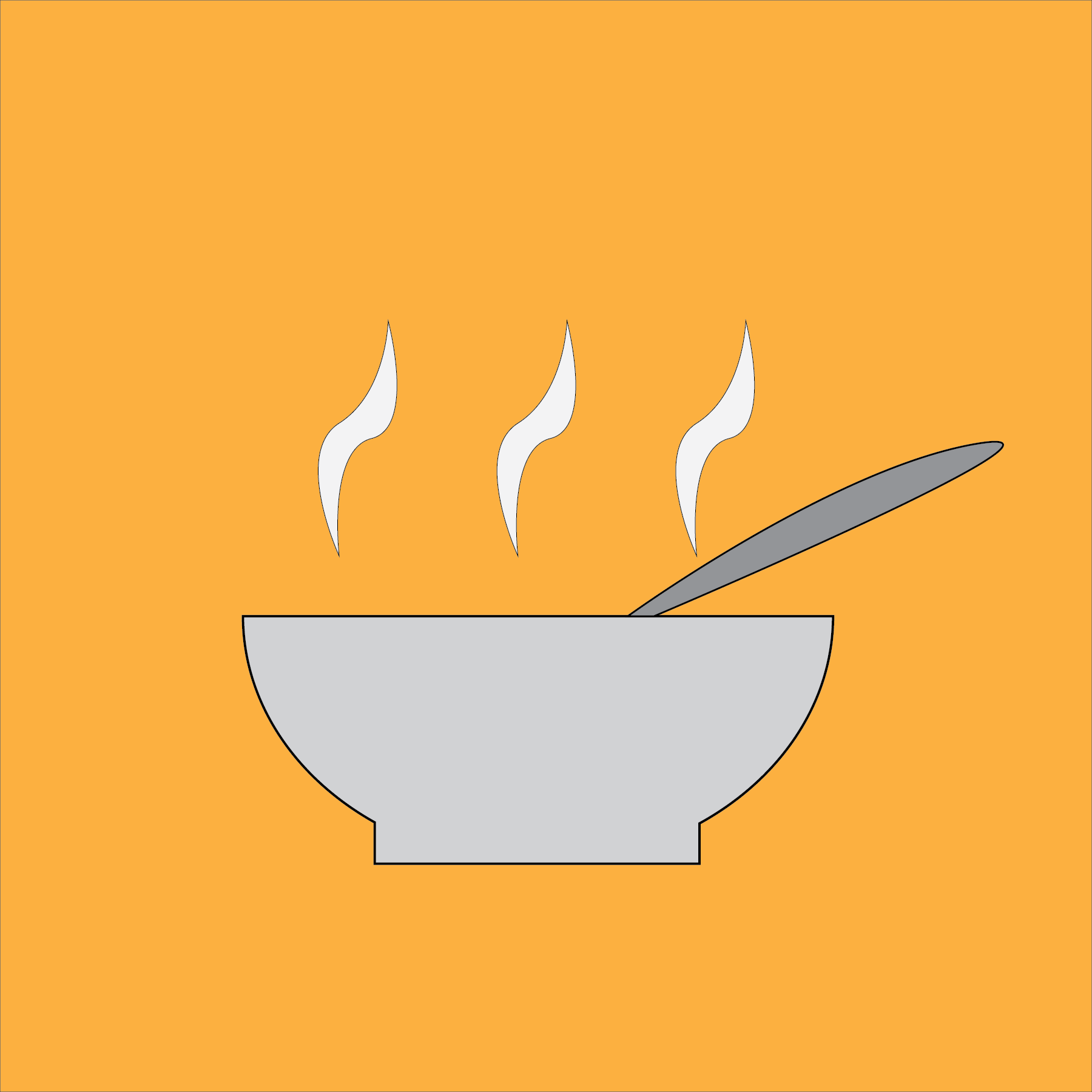 Artist rendering of a grey bowl of Chicken Gumbo with a dark grey spoon and white steam over an orange background